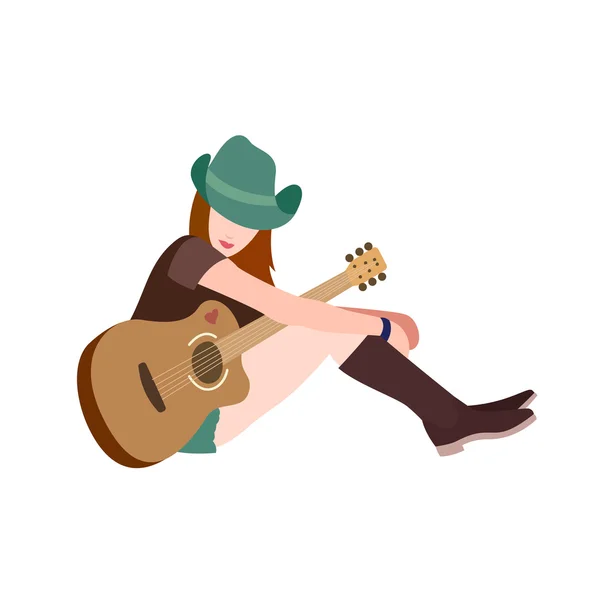 Gitar ile şapkalı kız — Stok Vektör