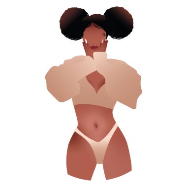 Karışık ırk. Beyaz arka planda izole edilmiş güzel siyah bir kızın vektör çizimi. Vücut pozitifi. Kızın gücü var. Yapabiliriz. Kadınların hakları ve haysiyeti için hareket.