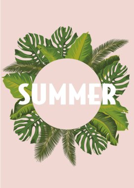 Pastel arka planda vektör tropikal yaprak pankartı. Kozmetik, spa, parfüm, sağlık ürünleri, moda, aromaterapi, seyahat acentesi, yaz partisi için modern botanik tasarımı