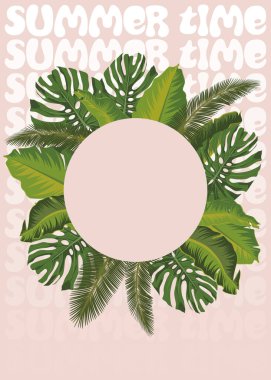 Yaz zamanı. Yaz resimli vektör şablonları. Geçmişi. Yaz konsepti ve diğer kullanım alanları için tasarım elemanı. Palmiye yaprakları, muz yaprakları.