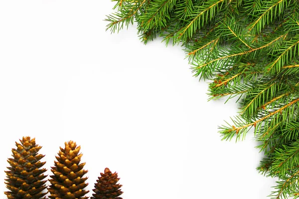 白い背景のクリスマスツリー、木とコーン、おもちゃ、ボール — ストック写真
