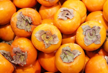 Olgun portakal hurmaları. Marketteki masada. Yerel bir çiftçi pazarında bir avuç organik hurma. Hurma arkaplanı. Düz yatıyordu. Metin ve içerik için alanı kopyala.