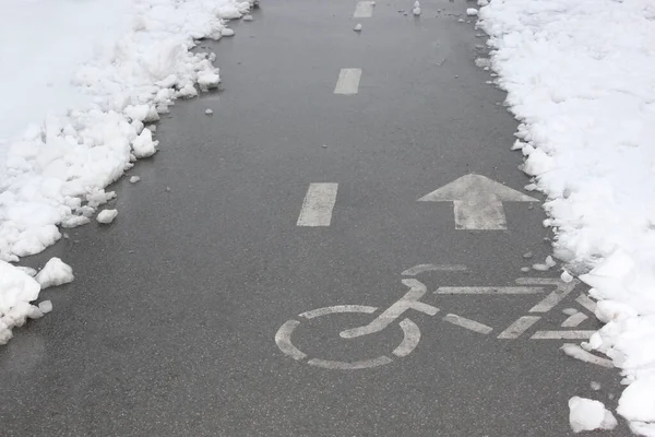 Pista ciclabile nella neve. andare in bicicletta in inverno. piccole lastre di pavimentazione coperte di neve, situate all'esterno, strada dopo le nevicate, marciapiede sotto la neve. Prima neve. Bell'inverno — Foto Stock