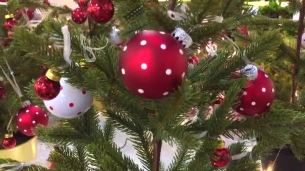 Árbol de Navidad decorado. Adornos rojos, plateados y verdes sobre madera. Decoraciones del árbol de Navidad Muchas grandes bolas de oro y azul, rojo. Árbol de Navidad. Interior de Año Nuevo. Árbol de Navidad, felices fiestas — Vídeo de stock