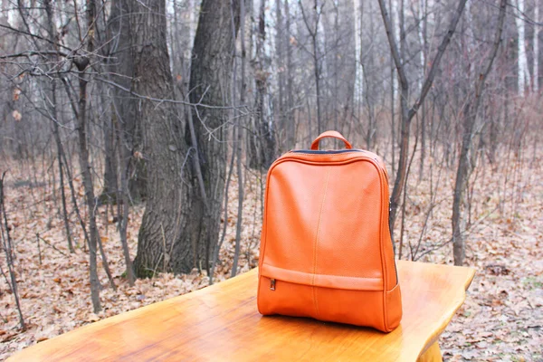 Brauner Rucksack aus echtem Leder. oder Rucksack auf einem Holztisch im herbstlichen Wald. Moderner Lederrucksack von links, Lederrucksack mit dünnen Riemen auf einem hölzernen Hintergrund. hellbraun Stockbild