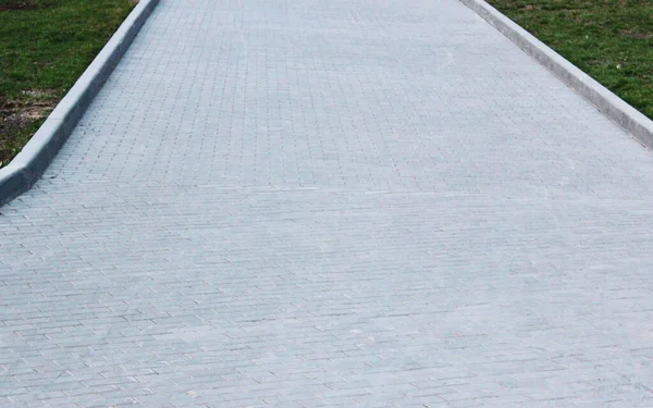 Losas de pavimentación gris, camino pavimentado, entre vegetación en un parque sombreado. Profundidad superficial del campo Pavimentación de losas. Pequeños ladrillos en la carretera. Una vereda sucia y húmeda. Antecedentes marcas de carretera, musgo en las aceras —  Fotos de Stock