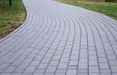 Gri asfalt levhalar, asfalt yollar, gölgeli bir parktaki yeşilliklerin arasında. Yüzeyin derinliği Paving levhaları. Yolda küçük tuğlalar var. Kirli, ıslak kaldırım. Geçmişi. Yol işaretleri, kaldırımlarda yosun.