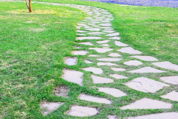 Abu-abu paving slabs, jalan beraspal, antara hijau di taman teduh. kedalaman dangkal lempengan Paving lapangan. Batu bata kecil di jalan. Kotor, trotoar basah. Latar belakang. tanda jalan, lumut di trotoar — Stok Foto