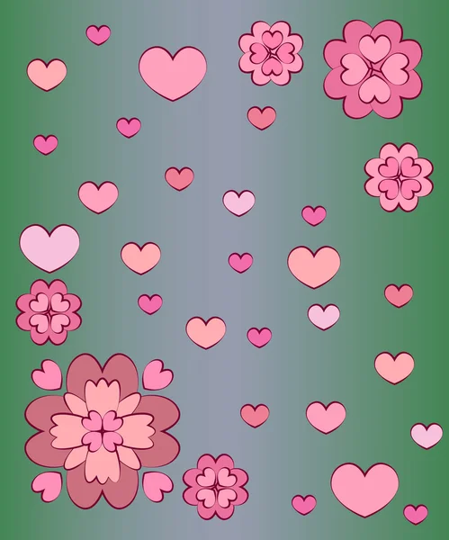 Greeting card with hearts and flowers on a green background — Stock Vector