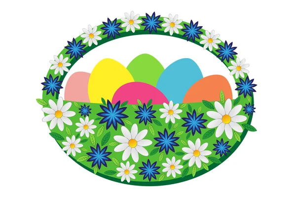 Colorful eggs in the floral basket — Stock Vector