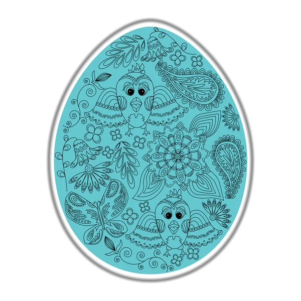 Easter blue egg with birds, flowers and butterfly — Stock Vector