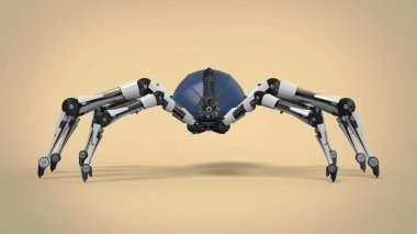 Sarı zemin üzerinde beyaz, siyah ve mavi çelik örümcek robotu 3D çizim