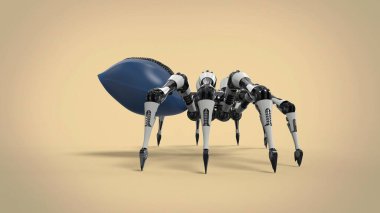 Sarı zemin üzerinde beyaz, siyah ve mavi çelik örümcek robotu 3D çizim