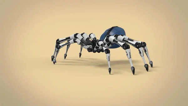 Weißer Schwarzer Und Blauer Stahl Spinnenroboter Auf Gelbem Hintergrund — Stockfoto