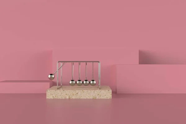 经典铬摇篮3D在粉色背景下渲染插图 — 图库照片