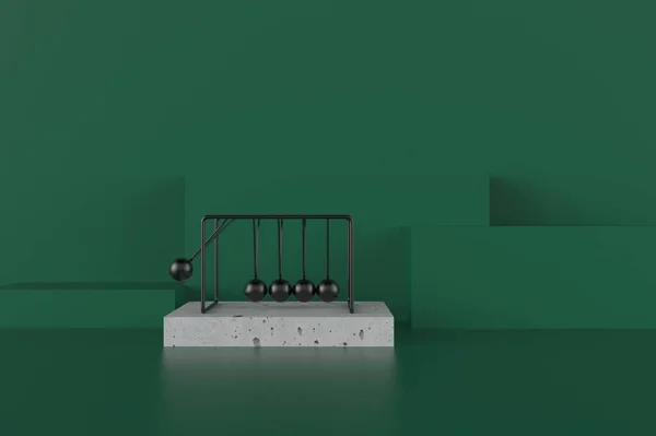 经典的黑色牛顿摇篮3D在绿色背景下渲染插图 — 图库照片