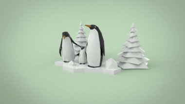 Düşük poligonlu penguen ailesi. Noel ağacı. Açık mavi arka planda 3D çizim.