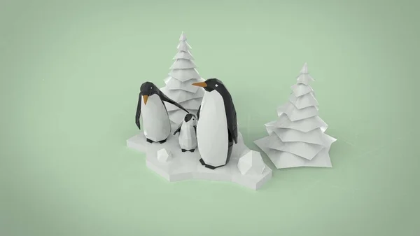 Familia Baja Pingüinos Polivinílicos Con Árbol Navidad Render Illustration Light —  Fotos de Stock