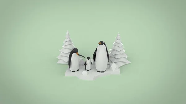 具有圣诞树3D的低聚居企鹅族在浅蓝色背景上做了说明 — 图库照片