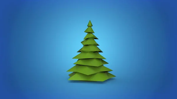 Düşük polimerli yeşil noel ağacı mavi arkaplanda 3D çizim