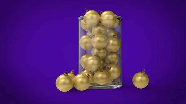 Noel ağacı süsleme topları. Mor arka planda saf cam silindir kutulu. 3D çizim.