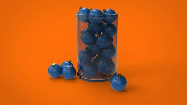 圣诞树蓝色装饰球 带有橙色背景的实心玻璃缸盒 — 图库照片