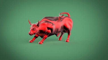 Kırmızı metadon seramik boğa heykeli 3D model görüntüyü yumuşak eğimli yeşil arkaplanda izole eder