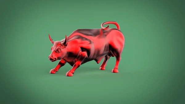 Kırmızı metadon seramik boğa heykeli 3D model görüntüyü yumuşak eğimli yeşil arkaplanda izole eder