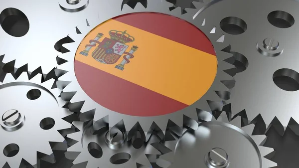 Kingdom Spain Flag Steel Manufacturing Gears World Country Economy Cooperation — Stock Photo, Image