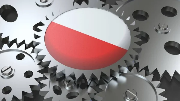 Republic of Poland flag with steel manufacturing gears world country economy cooperation 3d render image