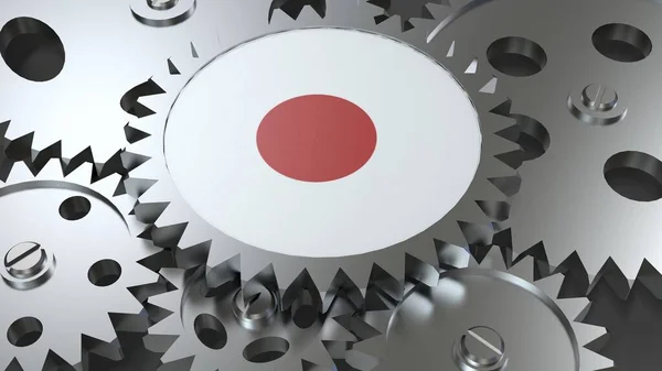 Japan flag with steel manufacturing gears world country economy cooperation 3d render image