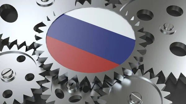 Russian Federation flag with steel manufacturing gears world country economy cooperation 3d render image