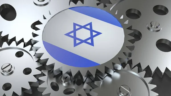 Israel flag with steel manufacturing gears world country economy cooperation 3d render image