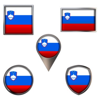 Slovenya Cumhuriyeti 'nin çeşitli bayrakları. Point Circle kare dikdörtgeninde gerçekçi ulusal bayrak ve kalkan metalik ikon seti. Beyaz arkaplanda izole edilmiş Vatansever 3D çizim sembolleri.