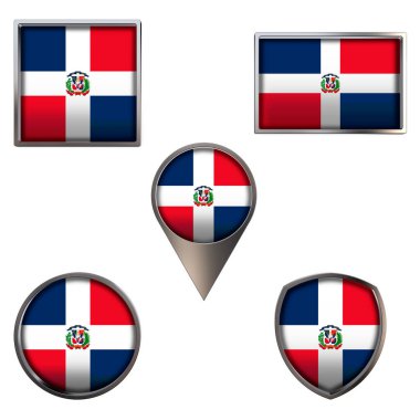 Dominik Cumhuriyeti 'nin çeşitli bayrakları. Point Circle kare dikdörtgeninde gerçekçi ulusal bayrak ve kalkan metalik ikon seti. Beyaz arkaplanda izole edilmiş Vatansever 3D çizim sembolleri.