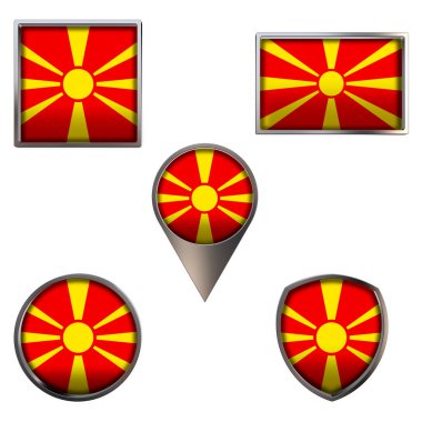 Kuzey Makedonya Cumhuriyeti 'nin çeşitli bayrakları. Point Circle kare dikdörtgeninde gerçekçi ulusal bayrak ve kalkan metalik ikon seti. Beyaz arkaplanda izole edilmiş Vatansever 3D çizim sembolleri.