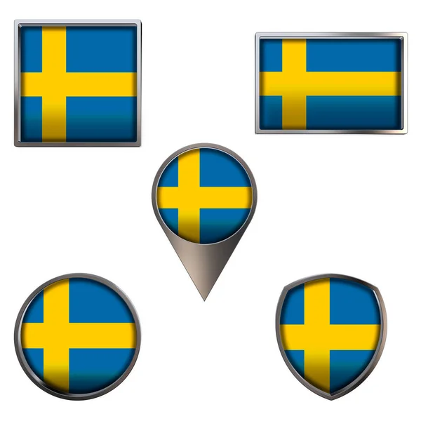 Różne Bandery Królestwa Szwecji Realistyczna Flaga Narodowa Kwadratowym Prostokącie Metalicznym — Zdjęcie stockowe