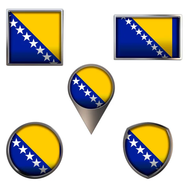 Różne Bandery Bośni Hercegowiny Realistyczna Flaga Narodowa Kwadratowym Prostokącie Metalicznym — Zdjęcie stockowe