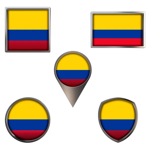 Różne Bandery Republiki Kolumbii Realistyczna Flaga Narodowa Kwadratowym Prostokącie Metalicznym — Zdjęcie stockowe
