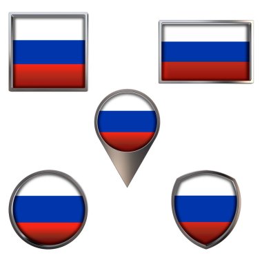 Rusya Federasyonu 'nun çeşitli bayrakları. Point Circle kare dikdörtgeninde gerçekçi ulusal bayrak ve kalkan metalik ikon seti. Beyaz arkaplanda izole edilmiş Vatansever 3D çizim sembolleri.