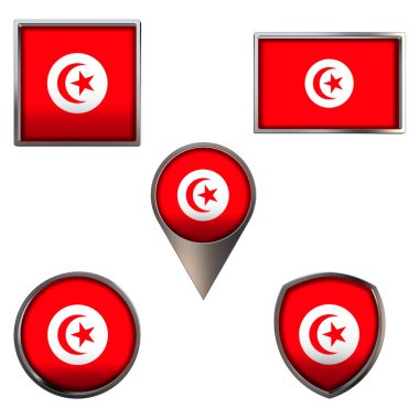 Tunus Cumhuriyeti 'nin çeşitli bayrakları. Point Circle kare dikdörtgeninde gerçekçi ulusal bayrak ve kalkan metalik ikon seti. Beyaz arkaplanda izole edilmiş Vatansever 3D çizim sembolleri.