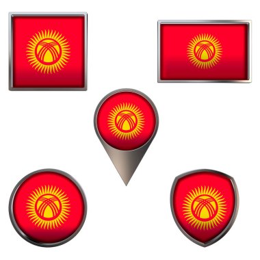 Kırgız Cumhuriyeti 'nin çeşitli bayrakları. Point Circle kare dikdörtgeninde gerçekçi ulusal bayrak ve kalkan metalik ikon seti. Beyaz arka planda izole edilmiş vatansever 3D semboller. Tarihi bayrak