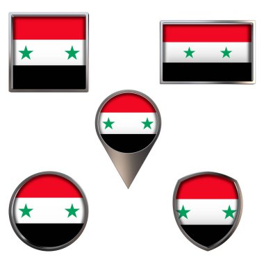 Suriye Arap Cumhuriyeti 'nin çeşitli bayrakları. Point Circle kare dikdörtgeninde gerçekçi ulusal bayrak ve kalkan metalik ikon seti. Beyaz arkaplanda izole edilmiş Vatansever 3D çizim sembolleri.