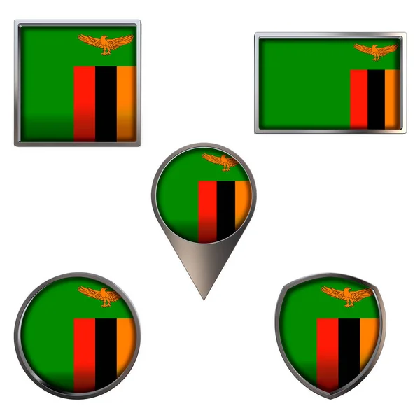 Zambiya Cumhuriyeti 'nin çeşitli bayrakları. Point Circle kare dikdörtgeninde gerçekçi ulusal bayrak ve kalkan metalik ikon seti. Beyaz arkaplanda izole edilmiş Vatansever 3D çizim sembolleri.