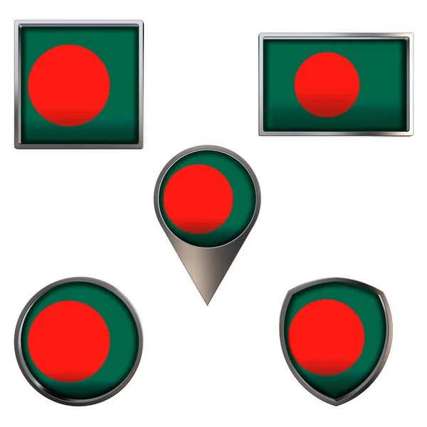 Various flags of the People\'s Republic of Bangladesh. Realistic national flag in point circle square rectangle and shield metallic icon set. Patriotic 3d rendering symbols isolated on white background.