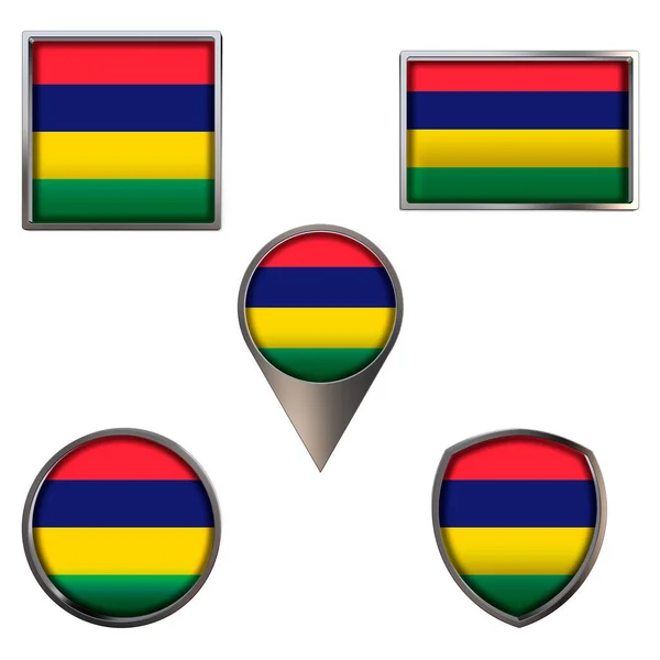 Mauritius Cumhuriyeti 'nin çeşitli bayrakları. Point Circle kare dikdörtgeninde gerçekçi ulusal bayrak ve kalkan metalik ikon seti. Beyaz arkaplanda izole edilmiş Vatansever 3D çizim sembolleri.