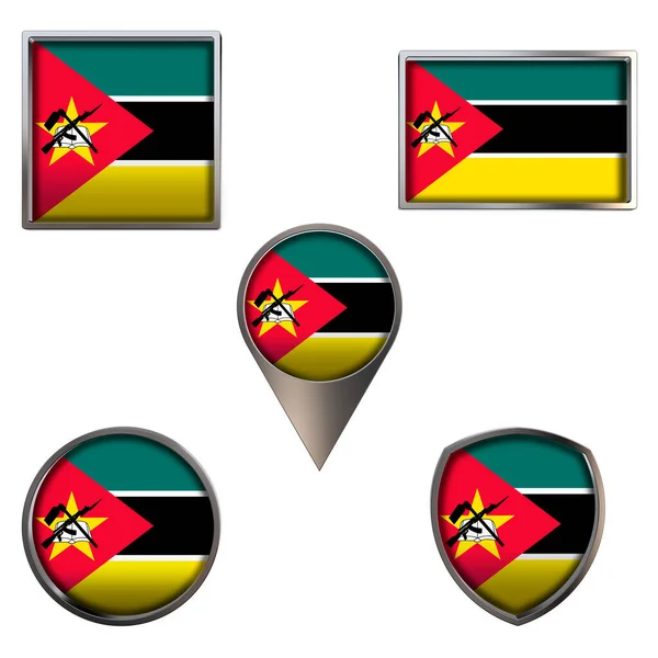 Mozambik Cumhuriyeti 'nin çeşitli bayrakları. Point Circle kare dikdörtgeninde gerçekçi ulusal bayrak ve kalkan metalik ikon seti. Beyaz arkaplanda izole edilmiş Vatansever 3D çizim sembolleri.