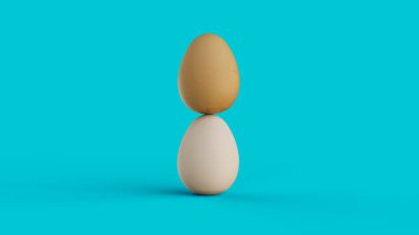 Katı mavi arkaplan üzerinde farklı renklere sahip Paskalya yumurtalarının bileşimi 3D görüntüleme