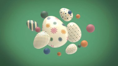 Farklı renklerde dekore edilmiş paskalya yumurtaları, süsleri ve tasarımları katı yeşil zemin üzerinde 3D görüntüleme