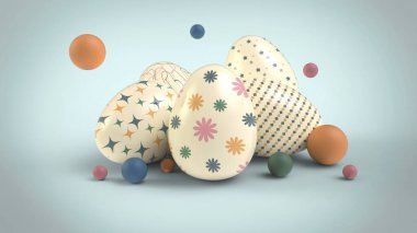 Farklı renklere sahip dekore edilmiş paskalya yumurtalarının bileşimi, süsler ve tasarımlar katı mavi arkaplan 3D görüntüleme